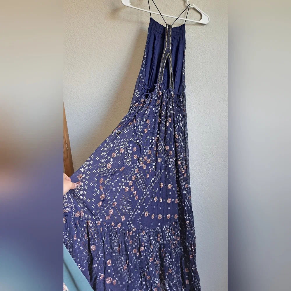 Free People Boho Strappy Beaded Glitter Open Back Maxi Dress Size XS